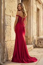 Mermaid Off The Shoulder Pink Satin Long Evening Dress With Split - Curvevia