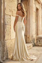 Mermaid Off The Shoulder Pink Satin Long Evening Dress With Split - Curvevia