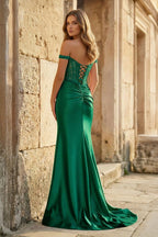 Mermaid Off The Shoulder Pink Satin Long Evening Dress With Split - Curvevia