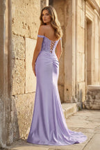 Mermaid Off The Shoulder Pink Satin Long Evening Dress With Split - Curvevia