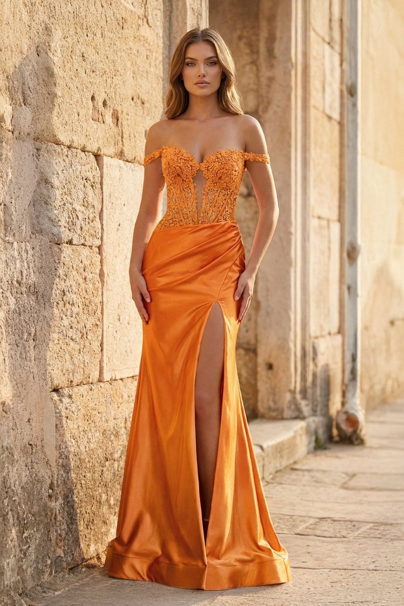 Mermaid Off The Shoulder Pink Satin Long Evening Dress With Split - Curvevia
