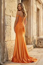 Mermaid Off The Shoulder Pink Satin Long Evening Dress With Split - Curvevia