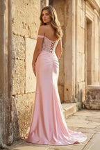Mermaid Off The Shoulder Pink Satin Long Evening Dress With Split - Curvevia
