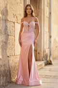 Mermaid Off The Shoulder Pink Satin Long Evening Dress With Split - Curvevia