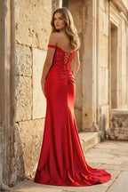 Mermaid Off The Shoulder Pink Satin Long Evening Dress With Split - Curvevia