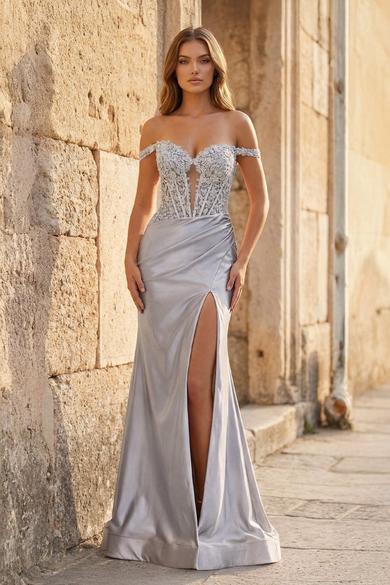 Mermaid Off The Shoulder Pink Satin Long Evening Dress With Split - Curvevia