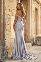 Mermaid Off The Shoulder Pink Satin Long Evening Dress With Split - Curvevia