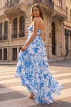 Hot Pink A Line Sweetheart Floral Chiffon Ruffled Long Prom Dresses With Slit - Curvevia