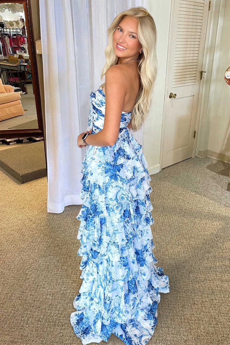 Ivory Sweetheart A Line Floral Chiffon Ruffled Wedding Guest Dress With Slit - Curvevia