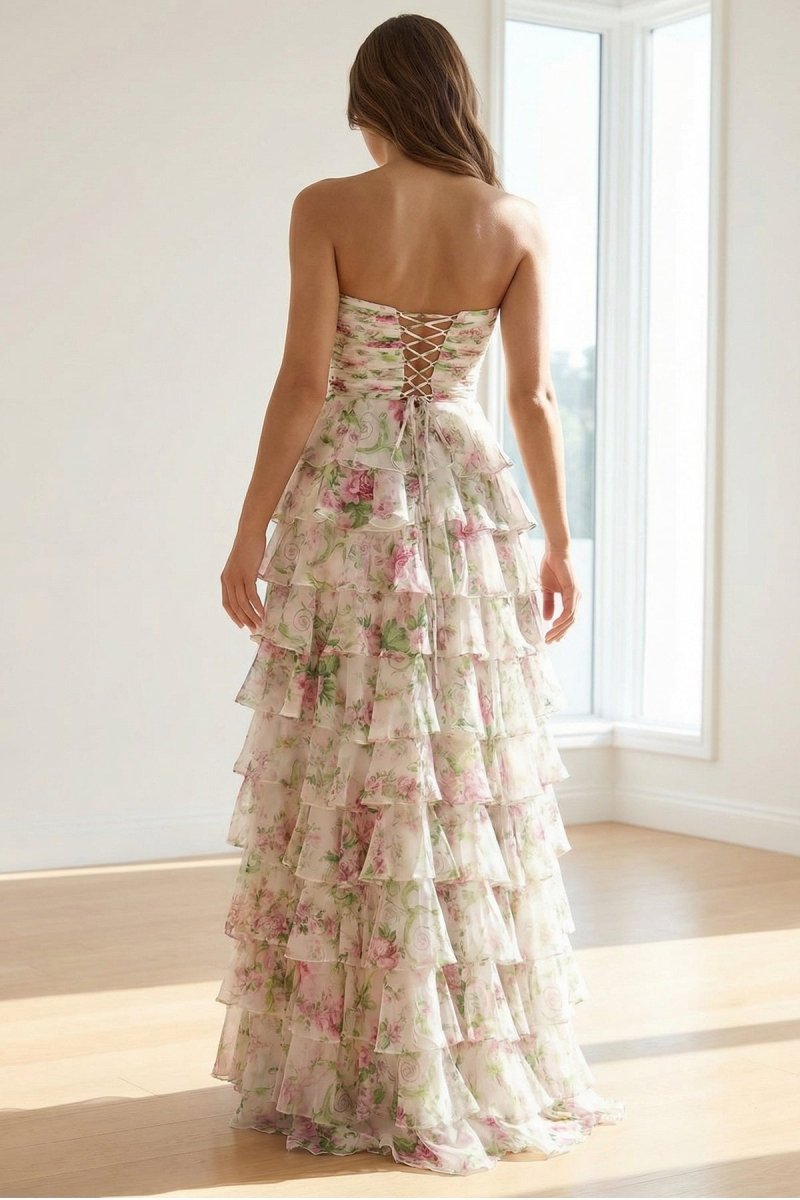 Hot Pink A Line Sweetheart Floral Chiffon Ruffled Long Prom Dresses With Slit - Curvevia