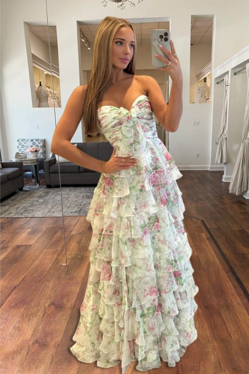 Ivory Sweetheart A Line Floral Chiffon Ruffled Wedding Guest Dress With Slit - Curvevia