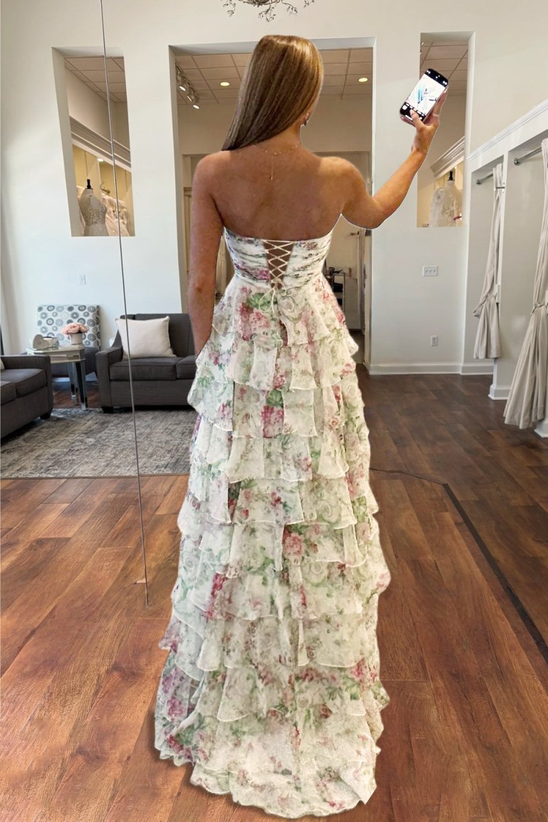 Ivory Sweetheart A Line Floral Chiffon Ruffled Wedding Guest Dress With Slit - Curvevia