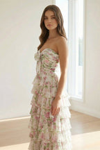 Hot Pink A Line Sweetheart Floral Chiffon Ruffled Long Prom Dresses With Slit - Curvevia