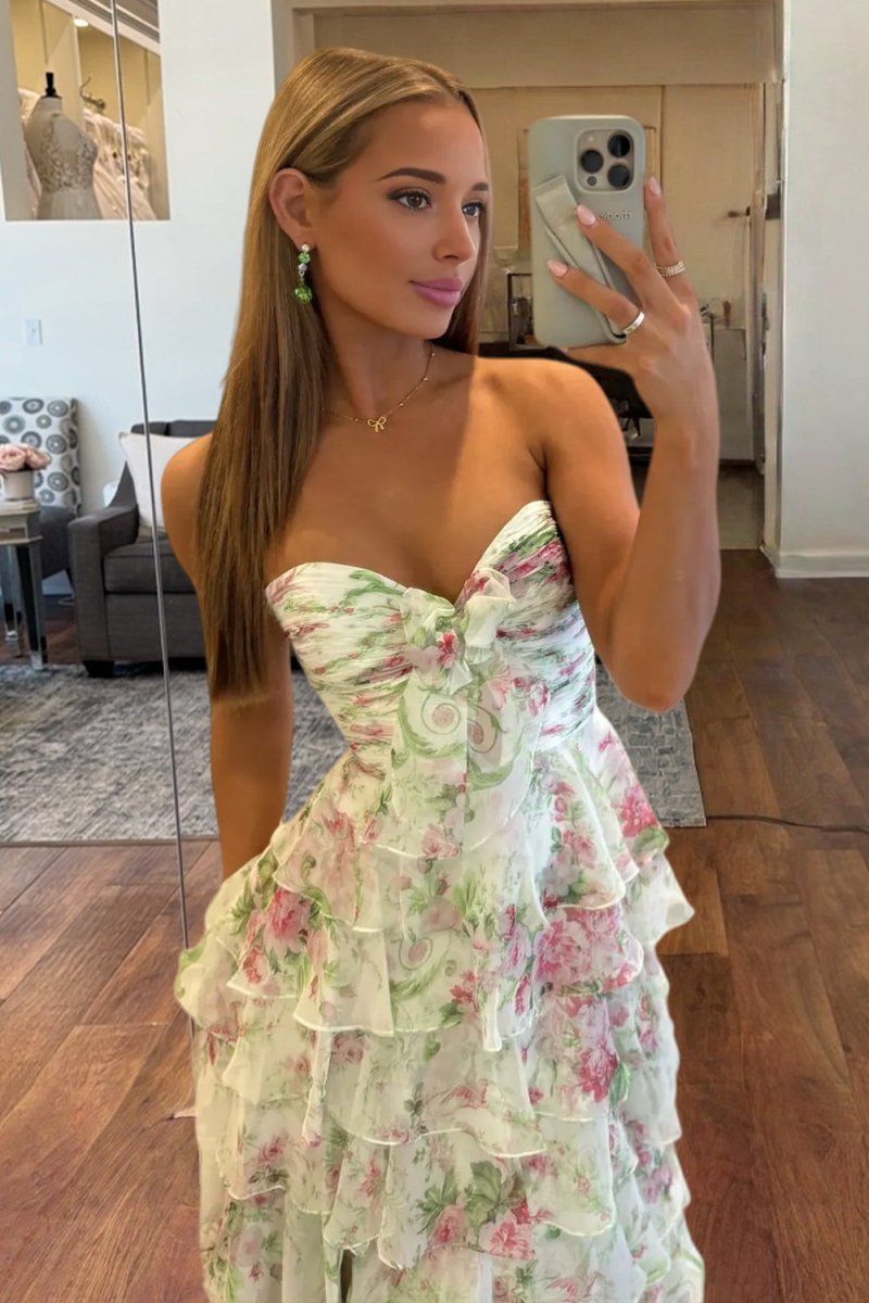 Ivory Sweetheart A Line Floral Chiffon Ruffled Wedding Guest Dress With Slit - Curvevia