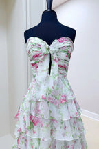 Ivory Sweetheart A Line Floral Chiffon Ruffled Wedding Guest Dress With Slit - Curvevia