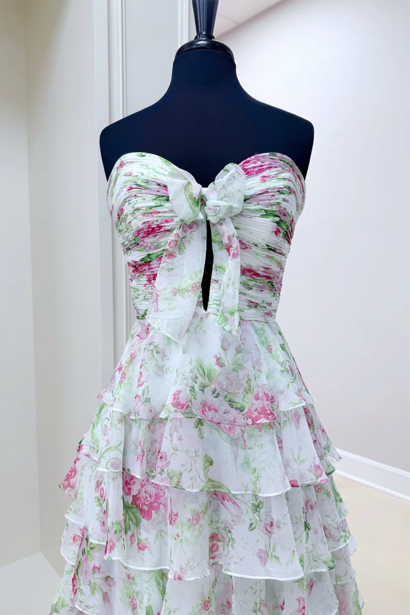Ivory Sweetheart A Line Floral Chiffon Ruffled Wedding Guest Dress With Slit - Curvevia