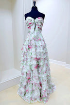 Ivory Sweetheart A Line Floral Chiffon Ruffled Wedding Guest Dress With Slit - Curvevia