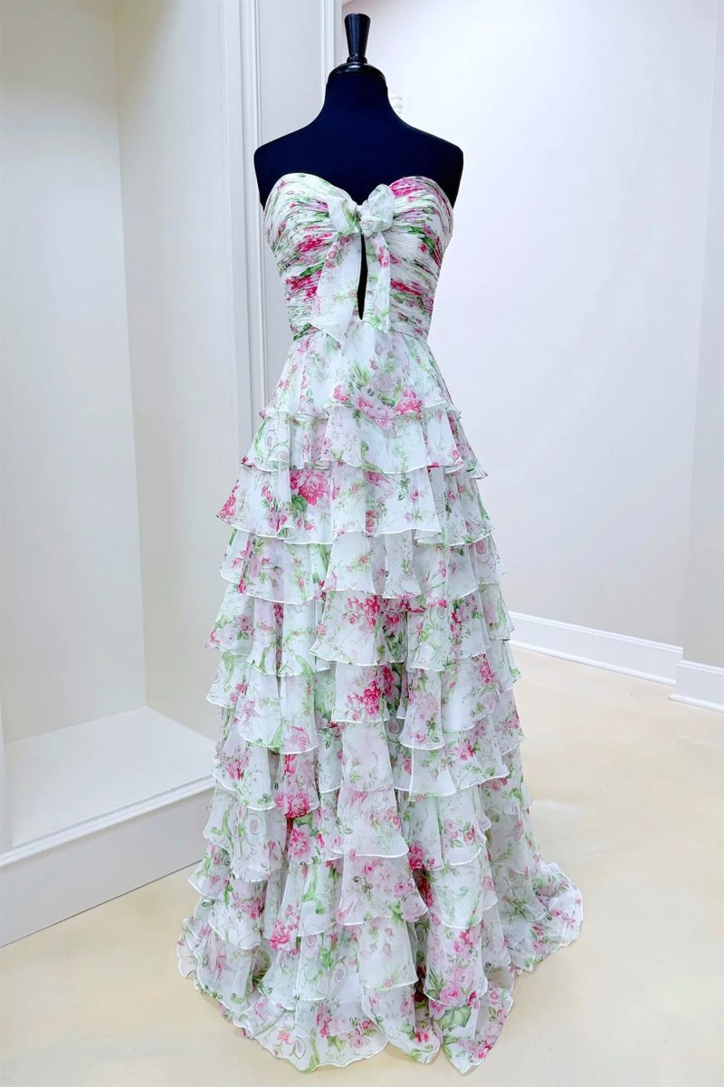 Ivory Sweetheart A Line Floral Chiffon Ruffled Wedding Guest Dress With Slit - Curvevia