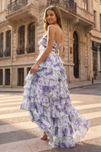 Hot Pink A Line Sweetheart Floral Chiffon Ruffled Long Prom Dresses With Slit - Curvevia