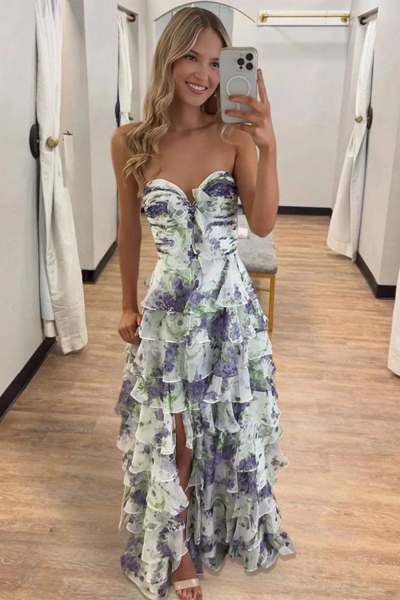 Ivory Sweetheart A Line Floral Chiffon Ruffled Wedding Guest Dress With Slit - Curvevia