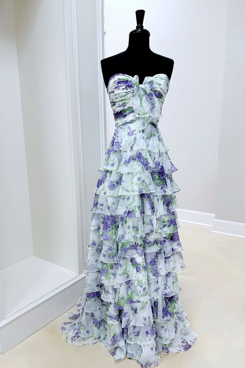 Ivory Sweetheart A Line Floral Chiffon Ruffled Wedding Guest Dress With Slit - Curvevia