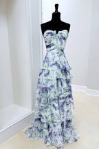 Ivory Sweetheart A Line Floral Chiffon Ruffled Wedding Guest Dress With Slit - Curvevia