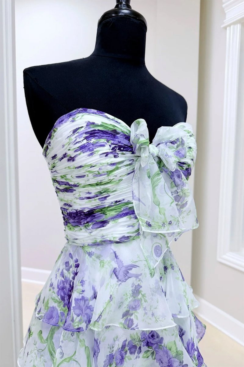 Ivory Sweetheart A Line Floral Chiffon Ruffled Wedding Guest Dress With Slit - Curvevia