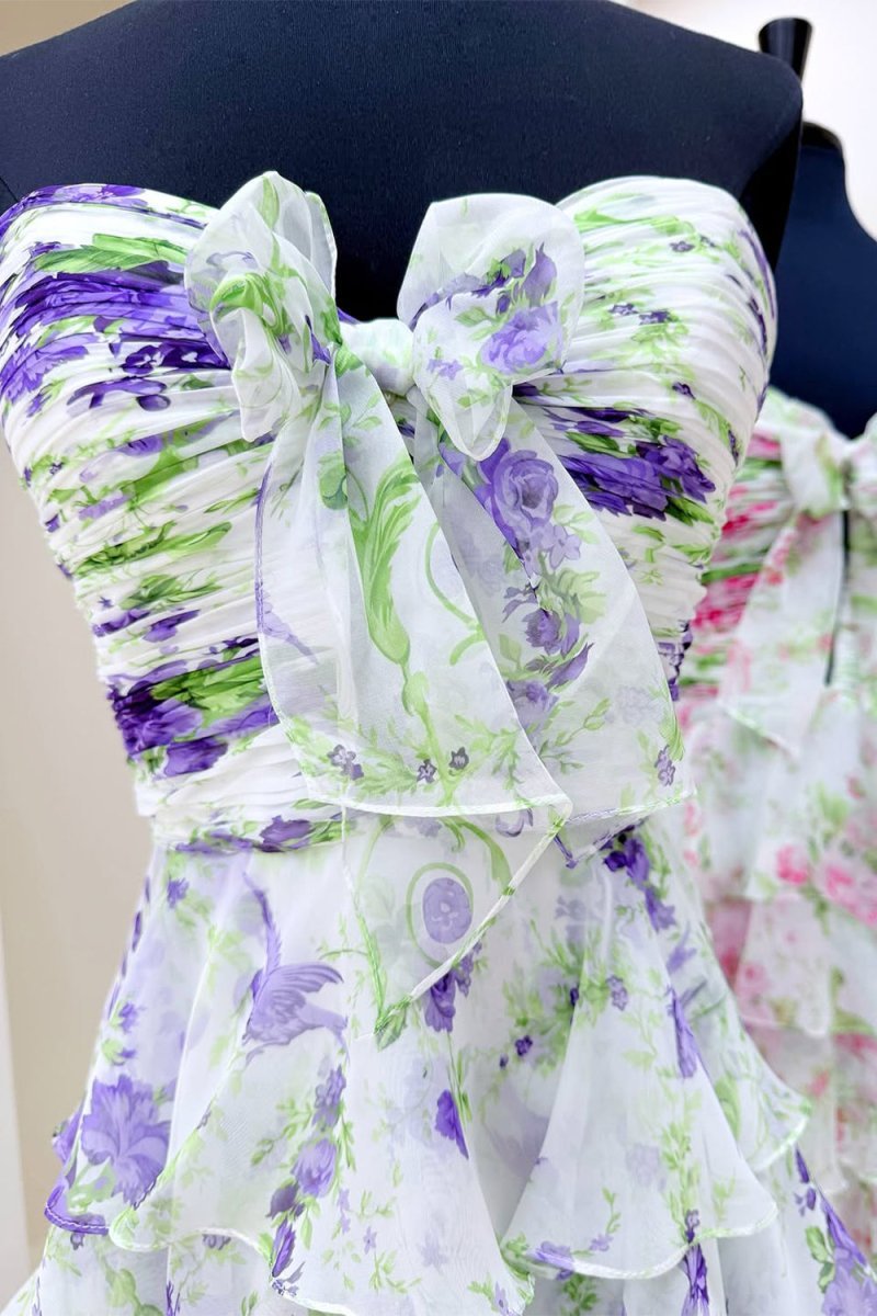 Ivory Sweetheart A Line Floral Chiffon Ruffled Wedding Guest Dress With Slit - Curvevia