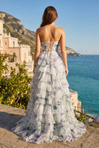 Ivory Sweetheart A Line Floral Chiffon Ruffled Wedding Guest Dress With Slit - Curvevia