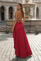 Burgundy - Spaghetti Straps Sheath Satin High Low Wedding Guest Dress With Ruffles - Curvevia
