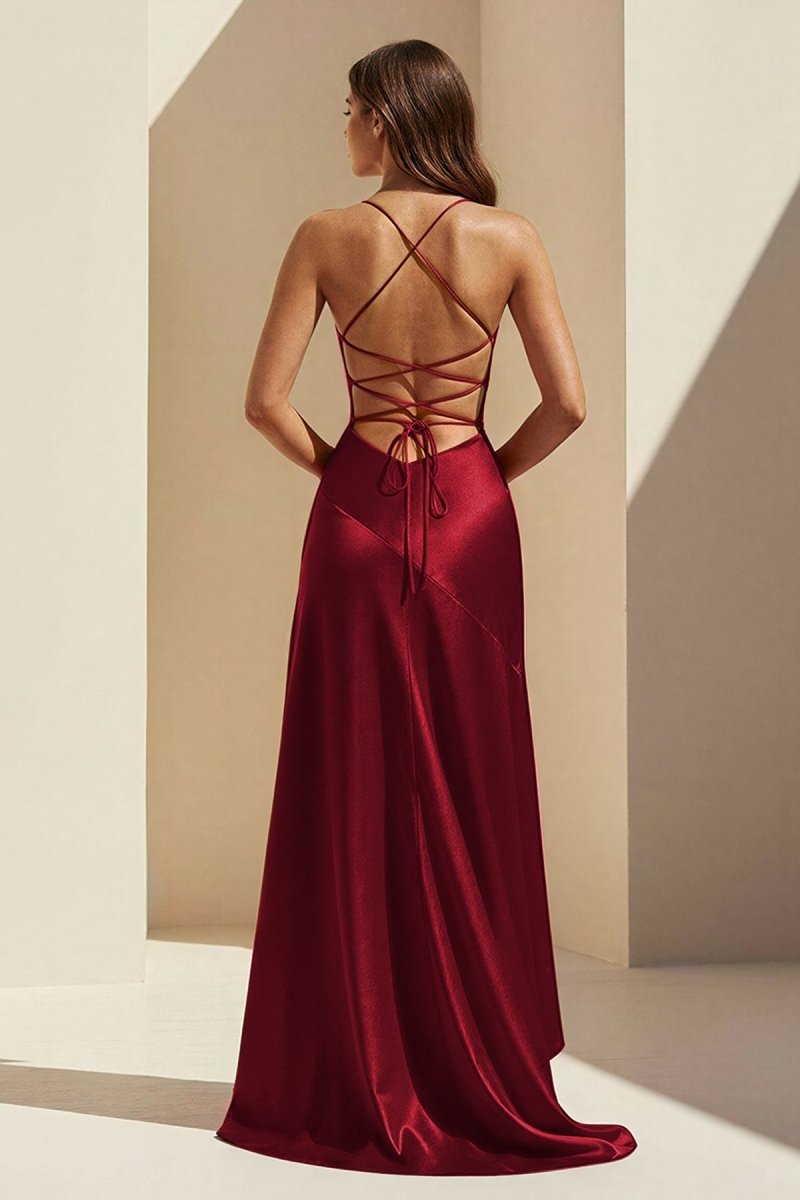 Aqua Spaghetti Straps Sheath Satin High Low Wedding Guest Dress With Ruffles - Curvevia