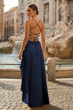 Aqua Spaghetti Straps Sheath Satin High Low Wedding Guest Dress With Ruffles - Curvevia
