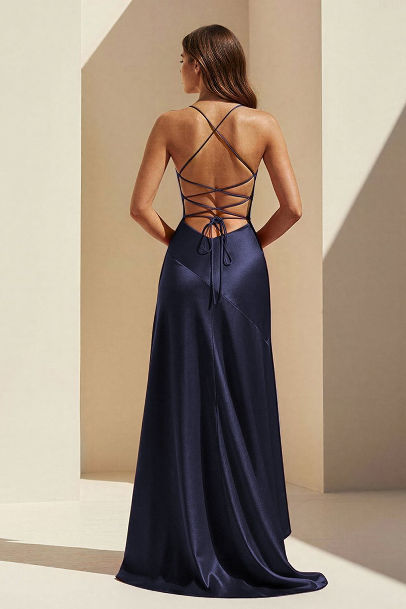 Navy Blue - Spaghetti Straps Sheath Satin High Low Wedding Guest Dress With Ruffles - Curvevia