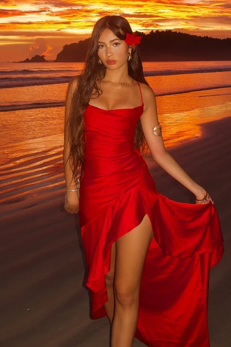 Red - Spaghetti Straps Sheath Satin High Low Prom Dresses With Ruffles - Curvevia