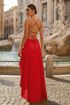 Red - Spaghetti Straps Sheath Satin High Low Prom Dresses With Ruffles - Curvevia