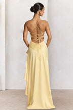Yellow - Spaghetti Straps Sheath Satin High Low Wedding Guest Dress With Ruffles - Curvevia