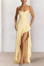 Yellow - Spaghetti Straps Sheath Satin High Low Wedding Guest Dress With Ruffles - Curvevia