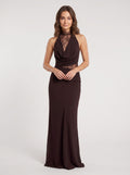 Mocha Chiffon Sheath Halter neckline Illusion Floor-Length Dress with Lace Panels - Curvevia