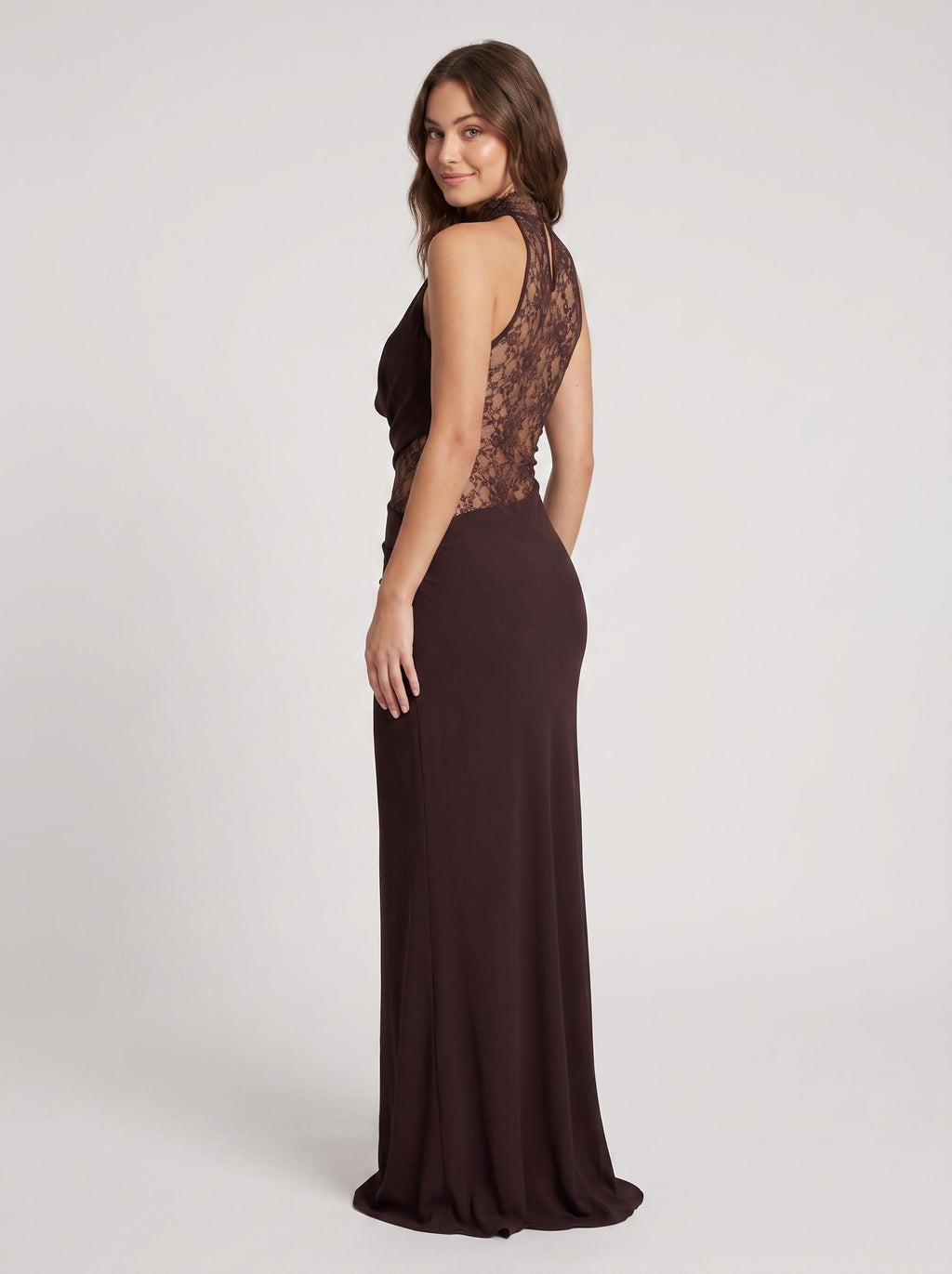 Mocha Chiffon Sheath Halter neckline Illusion Floor-Length Dress with Lace Panels - Curvevia