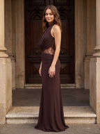Mocha Chiffon Sheath Halter neckline Illusion Floor-Length Dress with Lace Panels - Curvevia