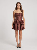 Espresso Satin A-Line Straight Neck Back Zip Mini Dress with Pearl Trim - Curvevia