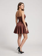 Espresso Satin A-Line Straight Neck Back Zip Mini Dress with Pearl Trim - Curvevia