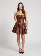 Espresso Satin A-Line Straight Neck Back Zip Mini Dress with Pearl Trim - Curvevia