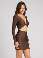 Espresso Stretch Knit Sheath/column V-Neck Back Zip Short Dress with Waist Cutouts - Curvevia