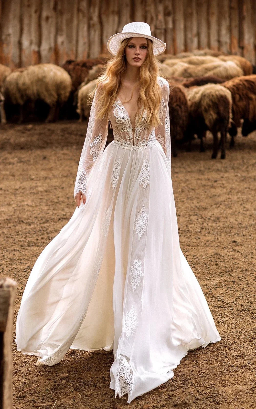 A-Line Boho Lace Wedding Dress with Sleeves Plunging Neckline Sweep Train - Curvevia