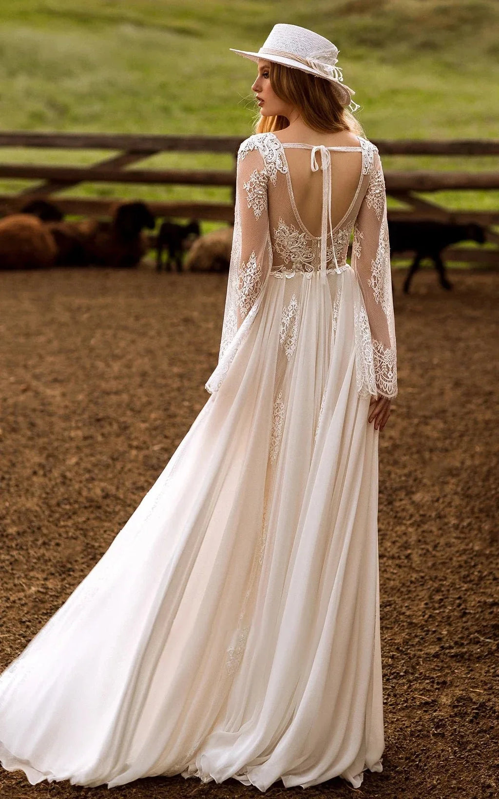 A-Line Boho Lace Wedding Dress with Sleeves Plunging Neckline Sweep Train - Curvevia