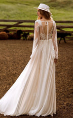 A-Line Boho Lace Wedding Dress with Sleeves Plunging Neckline Sweep Train - Curvevia