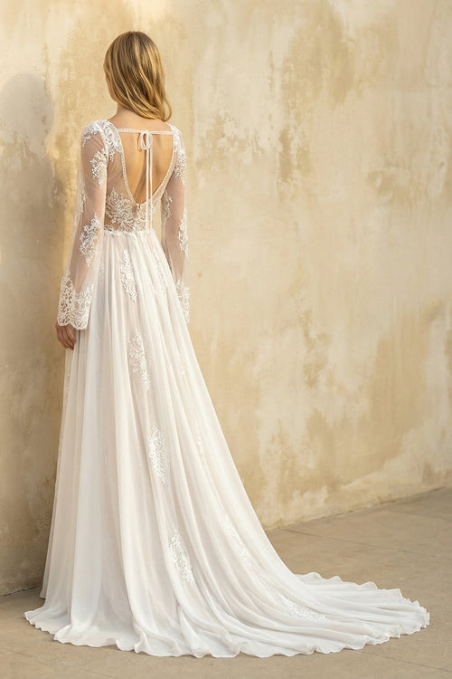A-Line Boho Lace Wedding Dress with Sleeves Plunging Neckline Sweep Train - Curvevia