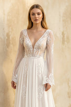 A-Line Boho Lace Wedding Dress with Sleeves Plunging Neckline Sweep Train - Curvevia