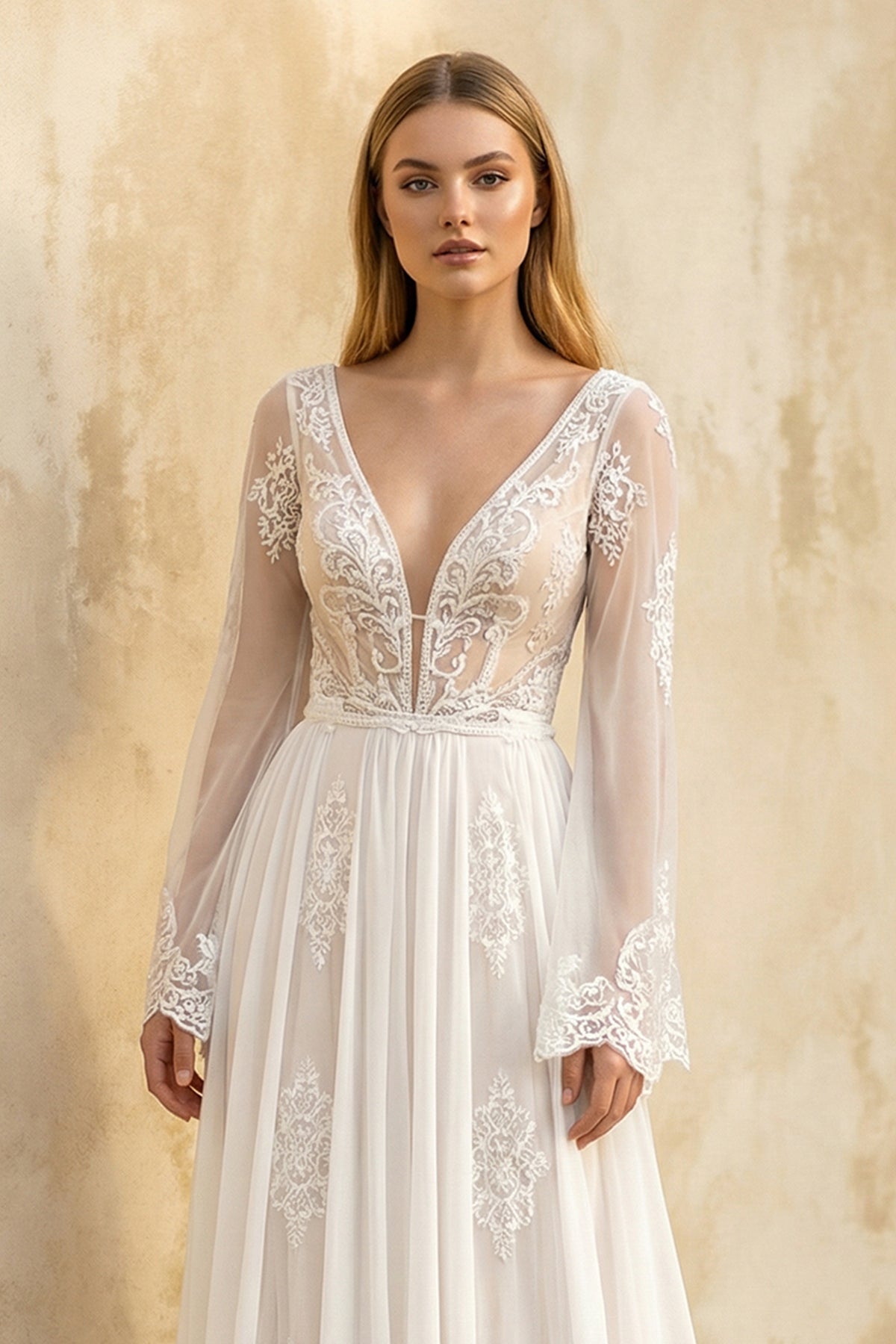 A-Line Boho Lace Wedding Dress with Sleeves Plunging Neckline Sweep Train - Curvevia